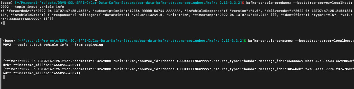 Small kafka application to stream data from an input to an output (car - data)
